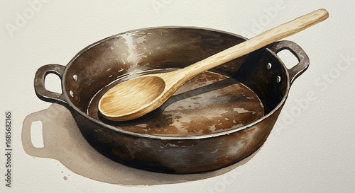 Cast iron skillet with wooden spoon