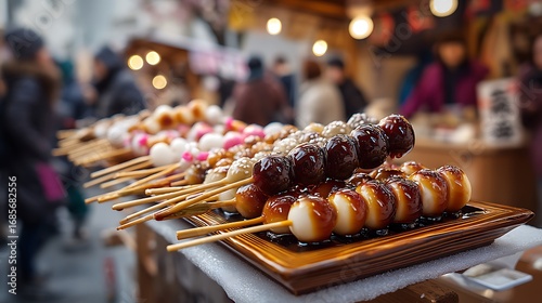 Japanese Mitarashi Dango, sticky rice dumplings glazed in a sweet soy sauce, served at a lively street market, evoking cultural nostalgia and festive vibes