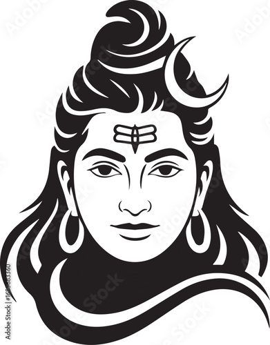 Lord Shiva Portrait Illustration with Crescent Moon and Third Eye Symbol
