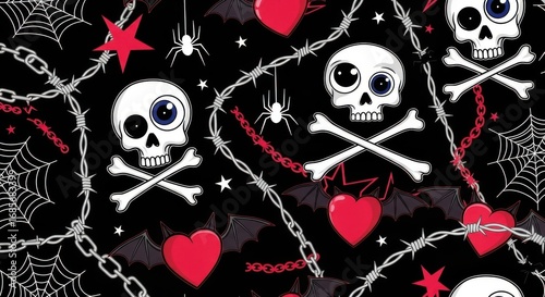 Halloween vector seamless pattern with skulls, spiders, hearts and barbed wire