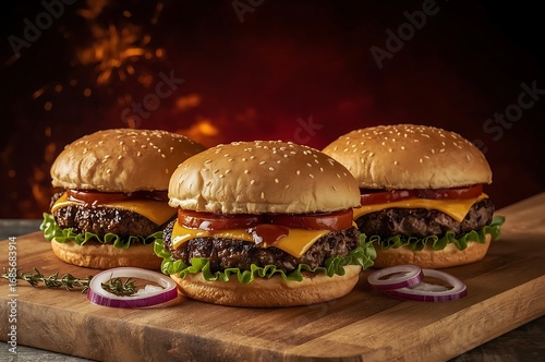 Tasty burger with french fries and fire.