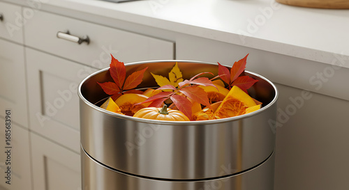 Autumnal Pumpkin Decor in Stainless Steel Container