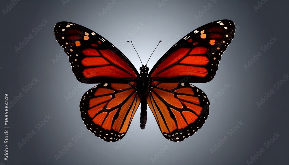 Fototapeta premium A monarch butterfly, wings outstretched, against a soft gray background. Detailed and vibrant colors
