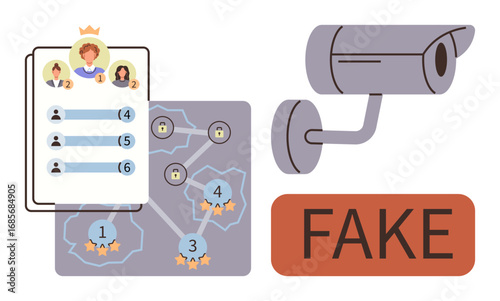 Security camera, leaderboard with manipulated ranks, network connection, labeled fake sign. Ideal for fraud, fake reviews, data manipulation, digital ethics, cybersecurity trust issues simple flat