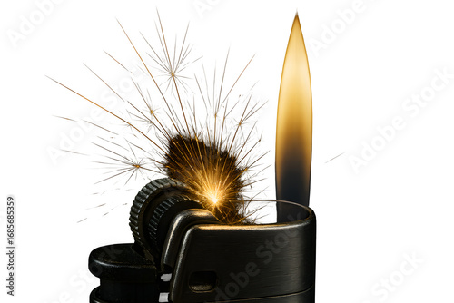 Metallic Lighter Producing Bright Yellow Flame and Sparks Isolated on Black