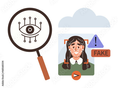 Magnifying glass with digital eye inspects photo ID flagged as fake with a warning. Ideal for cybersecurity, identity theft, privacy, fraud prevention, verification, AI ethics, technology themes