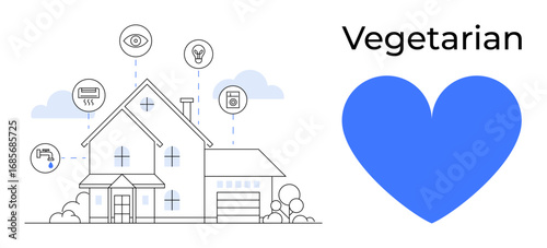 Modern house with icons for energy-saving, water management, and sustainability. Blue heart symbolizes vegetarian lifestyle. Ideal for sustainability, eco-living, health, lifestyle, innovation green