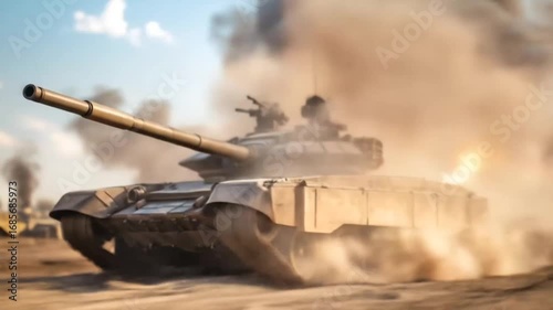 Tank firing with large explosion in background, military action