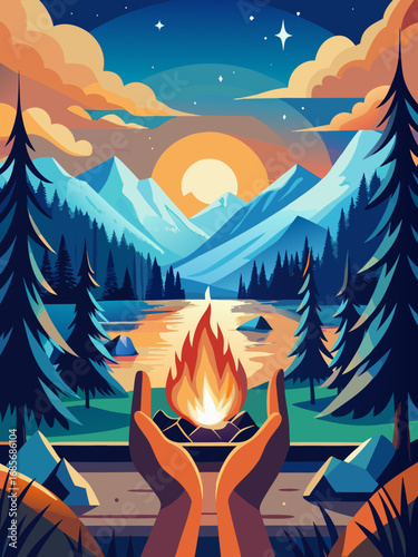 Hands holding a small campfire with a scenic mountain lake view at sunset in a vibrant outdoor setting
