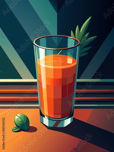 Refreshing carrot juice in a glass garnished with a leaf on a wooden table in a minimalist style
