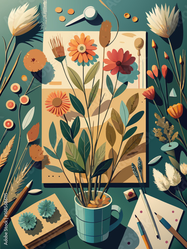Artistic still life with flowers, paints, and tools in a creative workspace setting