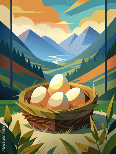 Nest with eggs set in a serene mountain landscape with hills and a river in a vibrant artistic style
