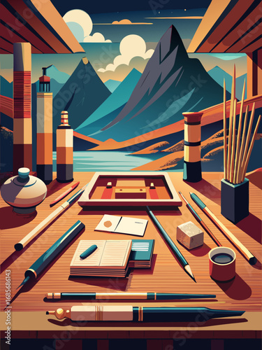 Artistic workspace with drawing tools and mountain view in a serene natural setting