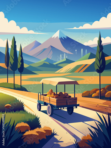 Scenic countryside with a wooden cart transporting fruits along a winding road with mountains in the background