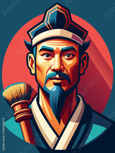 Portrait of an artistic Asian man with a brush and distinctive traditional attire in a vibrant graphic style
