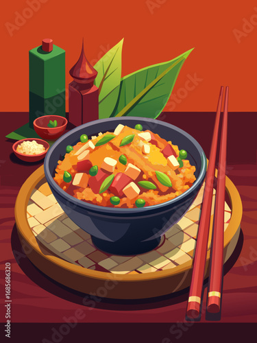 Colorful bowl of fried rice with vegetables and tofu served with chopsticks in an artistic style
