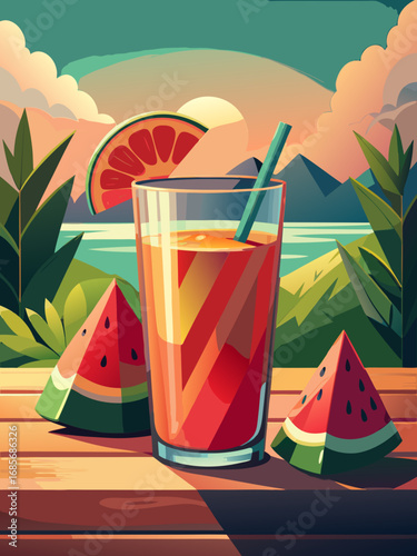Refreshing glass of watermelon juice with fruit slices in a vibrant summer landscape