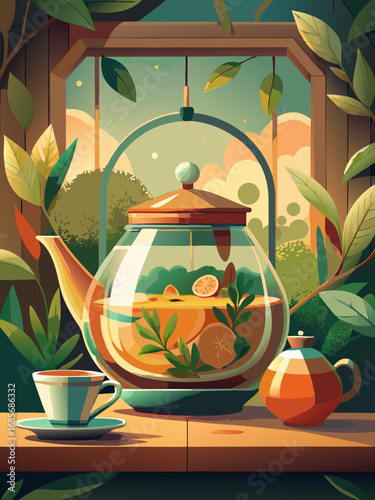 Artistic teapot with herbal tea and citrus fruits displayed on a wooden table by a window surrounded by greenery
