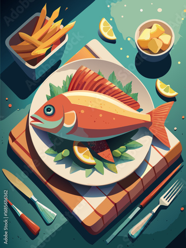 Plated whole grilled fish with lemon slices and side of french fries on a dining table
