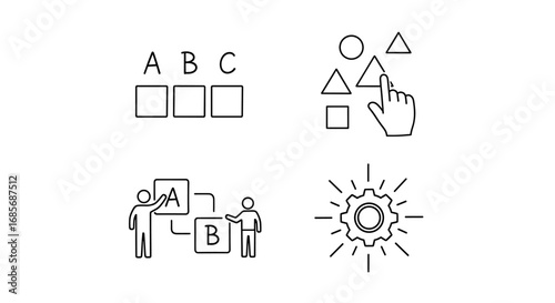 Four icons depicting selection process, collaboration, and mechanical operation in a line drawing style