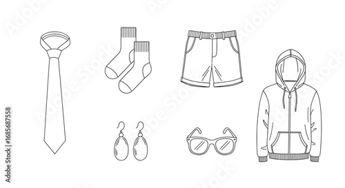Outline drawing of a tie, socks, shorts, earrings, glasses, and a hoodie on a plain presentation
