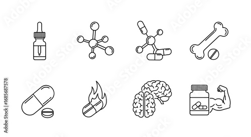 Collection of outlined icons depicting medicine, health, and wellness related concepts and items
