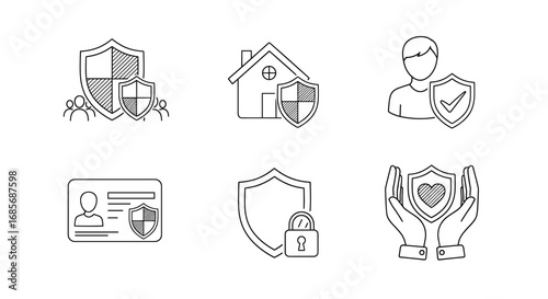 Collection of line art icons depicting various forms of protection and security measures shown