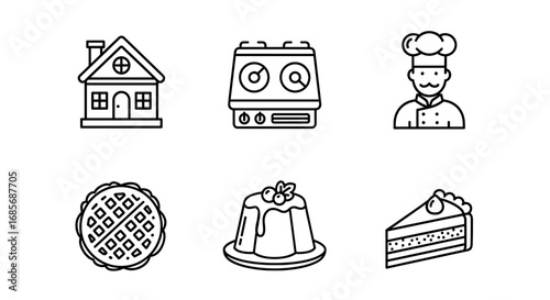 Line art icons depicting house, stove top, chef, waffle, pudding, and slice of cake icons set