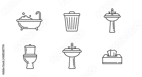 Line art illustration showcasing bathroom fixtures including tub, toilet, sink, and tissue box