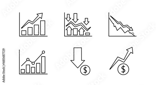 Line drawings depicting various types of charts and graphs representing financial trends and data analysis