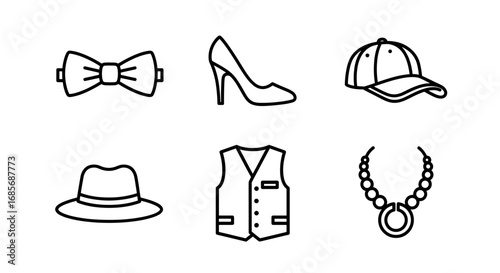 Collection of fashion accessories including a bow tie, heel, hat, vest and necklace icons