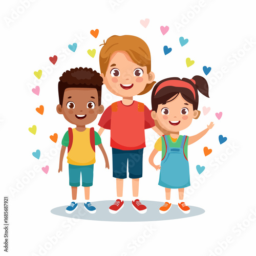 Three happy diverse children smiling cheerfully together, surrounded by colorful hearts, symbolizing love, friendship, and joyful childhood moments