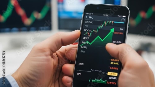 Wallpaper Mural A person holding a phone with an increasing stock chart Torontodigital.ca