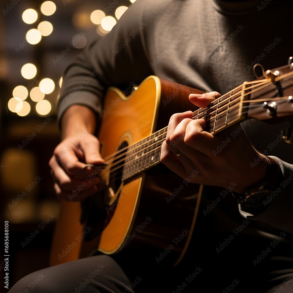 Fototapeta premium Close up acoustic guitar player strumming warm wood tone in cozy studio.