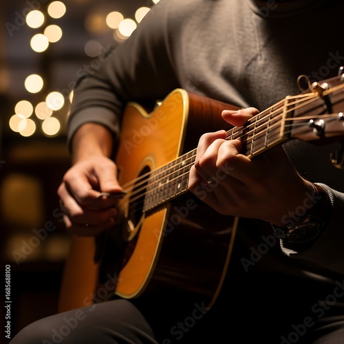 Close up acoustic guitar player strumming warm wood tone in cozy studio.