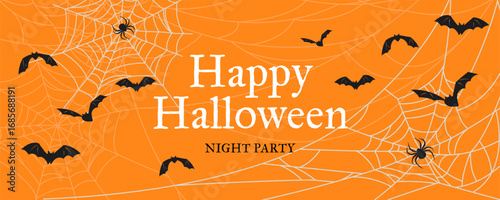 Happy Halloween banner. Trendy Halloween design with bats, spiders and spider webs on orange background. Modern minimal style. Horizontal poster, greeting card, header for website