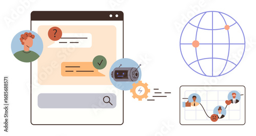 User interacting with chatbot via messaging interface, global connections displayed, automated response gear icon highlighted. Ideal for communication, technology, AI, automation, customer service