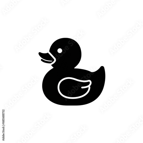 A simple black silhouette of a rubber ducky, an iconic bath toy for children