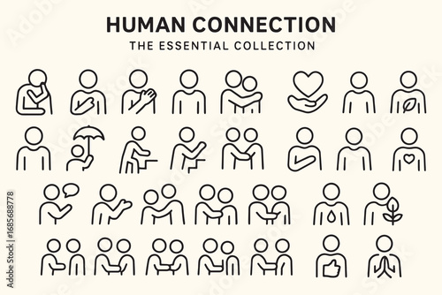 Minimalist Human Connection Line Icons – Editable Stroke  Empathy, Support, Care, Emotion, Hug, Heart, Listening & Interaction Symbols for Wellness Apps, Education, Therapy & Commercial Use



