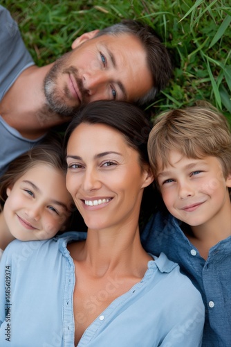 Happy caucasian family lying on grass: mature male, adult female, children smiling