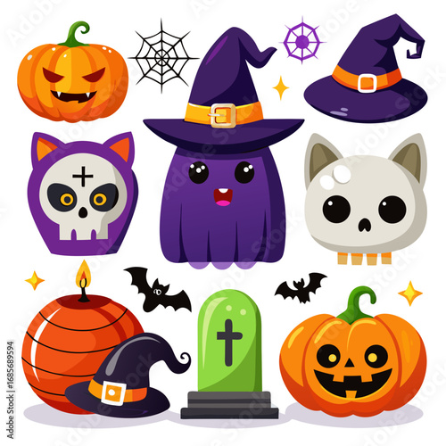 Cute halloween characters and symbols including pumpkins ghost bats and witch hats