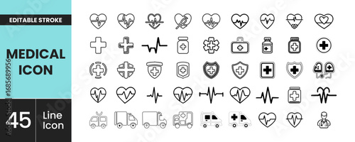 Medical icon set of 45 editable stroke healthcare symbols, including hospital, cross, heart, ambulance, doctor, nurse, pill, pharmacy, emergency, clinic, treatment, cure, surgery, wellness, therapy, p