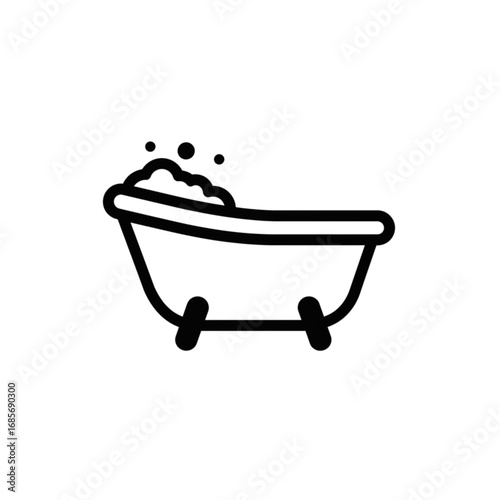 Simple line art icon of a clawfoot bathtub with bubbles. Minimalist vector illustration for hygiene