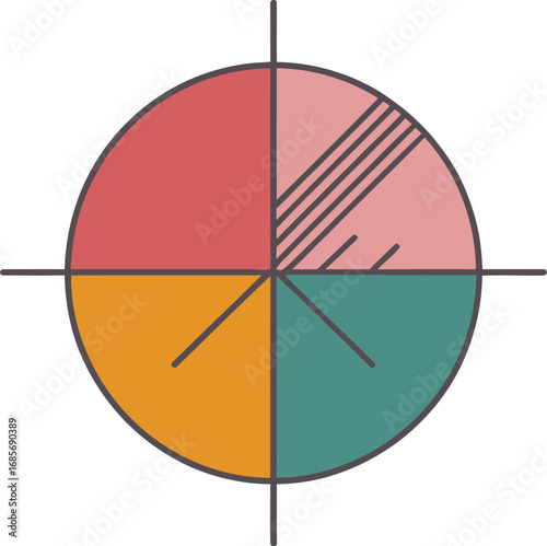 Abstract colorful circular graphic with four distinct segments and crosshairs