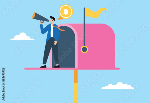 Businessman marketing open mailbox for subscriber notification in flat design