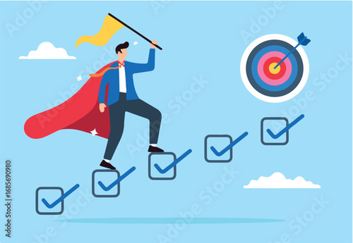 Superhero businessman finish task checklist for work target in flat design
