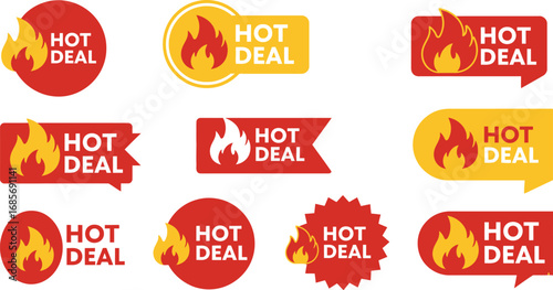 Hot Deal Badge Vector Set with a Flame Icon

