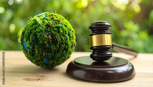 Earth model and judge's gavel on wooden surface