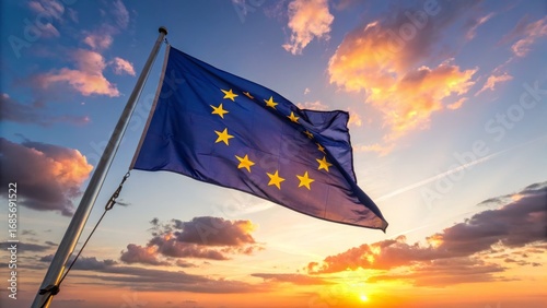 European Flag at Sunset Composition, Image Details and Concept, EU Flag, Sunset Photography
