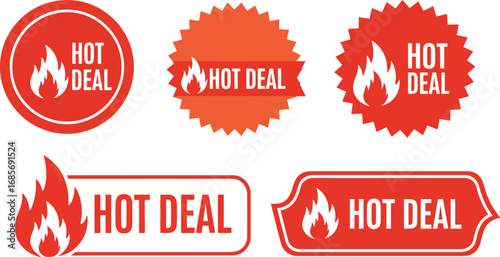 Hot Deal Badge Vector Set with a Flame Icon

